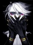  blue_eyes commentary_request covering_mouth dark double_horizontal_stripe eyeliner fate/apocrypha fate_(series) gold hands hands_up karna_(fate) looking_at_viewer makeup male_focus realistic solo white_hair zuwai_kani 