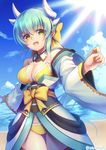  :d aqua_hair beach bikini bow breasts cleavage day fate/grand_order fate_(series) hair_bow horns kiyohime_(fate/grand_order) kiyohime_(swimsuit_lancer)_(fate) large_breasts long_hair looking_at_viewer minamo25 ocean open_mouth smile solo swimsuit yellow_bikini yellow_eyes 