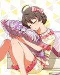  1girl ahoge bow braid brown_hair card_commentary closed_eyes commentary_request floral_print floral_print_shirt frilled_shirt frilled_shorts frills game_asset hair_bow happiness_roomwear_(idolmaster) holding holding_pillow idolmaster idolmaster_million_live! idolmaster_million_live!_theater_days knees_up official_alternate_costume official_art pajamas pillow pink_bow pink_trim print_shirt print_shorts sakuramori_kaori shirt short_hair short_sleeves shorts sitting solo third-party_source yellow_shirt yellow_shorts 
