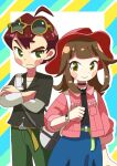  1boy 1girl ahoge asymmetrical_eyewear backpack bag belt black_choker black_jacket black_shirt blue_shorts blush blush_stickers border bow brown_hair choker closed_mouth collared_jacket commentary_request crossed_arms diagonal-striped_border dot_nose duffel_bag eyelashes eyewear_on_head female_protagonist_(pokemon_mezastar) frown green_belt green_eyes green_pants hat highres jacket layered_sleeves long_hair long_sleeves oj_(pixiv_106653453) pants pink_bow pink_jacket pokemon pokemon_mezastar red_hat rumored_trainer_(pokemon) shirt short_hair short_over_long_sleeves short_sleeves shorts smile star-shaped_eyewear star_(symbol) sunglasses sweatdrop thick_eyebrows v-shaped_eyebrows watch white_background white_shirt wristwatch yellow-framed_eyewear yellow_belt 