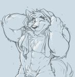  2015 abs anthro biceps big_muscles black_nose canine chest_tuft crotch_tuft fluffy front_view fur hi_res looking_at_viewer male mammal mr._wolf_(takemoto_arashi) muscular muscular_male nude one_eye_closed pecs simple_background sketch smile solo standing takemoto_arashi towel tuft wink wolf 