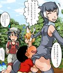  3girls ^_^ animal_ears ass ass_grab black_hair blonde_hair blush cat_ears child closed_eyes commentary_request crayon_shin-chan extra_ears feathers forest grabbing grabbing_from_behind hat highres kaban_(kemono_friends) kakoogan kemono_friends lucky_beast_(kemono_friends) multicolored_hair multiple_girls nature nohara_shinnosuke official_style parody serval_(kemono_friends) serval_ears shiny shiny_skin short_hair small-clawed_otter_(kemono_friends) smile style_parody tail translation_request tree usui_yoshito_(style) 