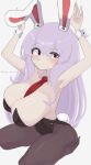  1girl animal_ears armpits arms_up bare_shoulders black_leotard black_pantyhose blush breasts cleavage closed_mouth commentary_request confused detached_collar dot_nose fake_animal_ears full_body highres huge_breasts leotard long_hair looking_at_viewer necktie pantyhose playboy_bunny purple_hair rabbit_ears rabbit_tail raised_eyebrow red_eyes red_necktie reisen_udongein_inaba simple_background sitting solo straight_hair tail touhou twitter_username umitsuki_(kurage_no_shokushu) wariza wrist_cuffs 