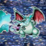  alternate_color arita_mitsuhiro_(style) blue_background breath_weapon breathing_fire charizard claws commentary derivative_work dragon dragon_wings english_commentary fangs faux_retro_artstyle fire flame-tipped_tail full_body green_fire highres mega_charizard_x mega_pokemon no_humans nostrils official_art_redraw official_style open_mouth outline parody pokemon pokemon_(creature) pokemon_focus pokemon_tcg rcortezdraws red_eyes shiny_pokemon solo style_parody tail tongue twitter_username watermark white_outline wings 