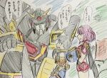  1boy 1girl blush bob_cut breasts brown_hair character_request chest_jewel commentary_request crossover crotchless crotchless_pants earrings fingerless_gloves floating_earrings gloves great_goldran green_eyes headpiece hetero igomaru impossible_clothes jewelry large_breasts mecha mecha_focus open_mouth ougon_yuusha_goldran pants pyra_(xenoblade) red_eyes red_hair red_shorts red_thighhighs rex_(xenoblade) robot science_fiction short_hair shorts super_robot swept_bangs thighhighs tiara v-fin xenoblade_chronicles_(series) xenoblade_chronicles_2 yellow_eyes yuusha_series 