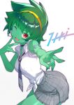  1girl alt_text alternate_costume artist_name black_choker breast_pocket breasts choker collared_shirt colored_skin commentary_request cowboy_shot diagonal-striped_clothes diagonal-striped_necktie dot_nose earrings finger_to_cheek green_hair green_nails green_skin grey_necktie grey_skirt hair_intakes hairband hand_up head_tilt itou_kazuki jewelry looking_at_viewer medium_breasts necktie one_eye_closed open_mouth outstretched_arm plaid_clothes plaid_skirt pocket red_eyes red_pupils rottytops shantae_(series) shirt short_hair signature simple_background skirt skull_earrings sleeves_rolled_up smile solo stitched_arm stitches striped_clothes striped_necktie tied_shirt variant_set white_background yellow_hairband zombie 