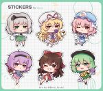  6+girls alt_text ascot beru_izumi between_fingers black_boots black_bow black_bowtie black_hairband black_hat blonde_hair blue_hat blue_kimono blue_shirt boots bow bowtie brown_eyes brown_hair buttons chibi chibi_only closed_mouth collared_shirt commentary detached_sleeves diamond_button disembodied_linked_eye dress english_commentary eyeball floral_print folded_fan folding_fan frilled_bow frilled_hair_tubes frilled_kimono frilled_sleeves frills full_body gohei green_eyes green_hair green_skirt green_vest grey_hair grin hair_bow hair_ornament hair_tubes hairband hakurei_reimu hand_fan hat hat_bow hat_ribbon heart heart_button heart_hair_ornament hitodama hitodama_print holding holding_fan holding_gohei holding_ofuda japanese_clothes kimono komeiji_koishi komeiji_satori konpaku_youmu konpaku_youmu_(ghost) leg_up long_hair long_sleeves looking_at_viewer mob_cap multiple_girls ofuda ofuda_between_fingers one_eye_closed open_mouth pink_eyes pink_hair pink_skirt print_skirt purple_eyes purple_hair purple_tabard red_bow red_ribbon red_skirt ribbon ribbon-trimmed_collar ribbon-trimmed_sleeves ribbon_trim rose_print saigyouji_yuyuko shirt siblings sisters skirt skirt_set sleeve_garter smile tabard touhou triangular_headpiece very_long_hair vest white_dress white_hat white_shirt wide_sleeves yakumo_yukari yellow_ascot yellow_bow yellow_eyes yellow_shirt 