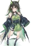  1girl absurdres arknights bare_shoulders belt black_boots black_coat black_corset black_hair blush boots coat colored_inner_hair commentary corset crystal_horns dress full_body gradient_hair green_dress green_eyes green_hair highres horns long_hair looking_at_viewer mizuasagi35181 mon3tr_(arknights) multicolored_hair off_shoulder pouch simple_background sleeves_past_fingers sleeves_past_wrists solo standing tail thigh_belt thigh_strap white_background 