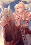  absurdres armor bangs blonde_hair blue_sky closed_mouth cloud cloudy_sky day eyebrows_visible_through_hair fate/apocrypha fate_(series) gauntlets green_eyes highres horse horseback_riding looking_at_viewer mordred_(fate) mordred_(fate)_(all) outdoors parted_bangs riding sidelocks sky smile solo yorukun 