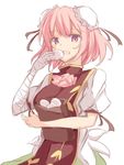  :o amputee bag bandaged_arm bandaged_hands bandages bun_cover chinese_clothes commentary dot_nose double_bun eating flower food green_skirt hand_up high_collar holding holding_food ibaraki_kasen looking_at_viewer mochi pink_eyes pink_flower pink_hair pink_rose puffy_short_sleeves puffy_sleeves ri_cochet ribbon rose short_hair short_sleeves simple_background skirt solo tabard touhou wagashi white_background 