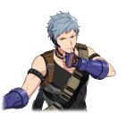  1boy asch_albright bandolier belt black_shirt blue_gloves blue_hair collar fingerless_gloves game_asset gloves grey_hair hand_up happy_elements headset helios_rising_heroes looking_at_viewer male_focus non-web_source official_art orange_eyes parted_lips self-datamine shirt short_bangs short_hair sleeveless smile solo teeth transparent_background upper_body v-shaped_eyebrows 