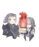  2girls absurdres aqua_gem armor arms_behind_back black_armor black_gauntlets butler cake commentary_request cropped_torso fire fire_emblem fire_emblem_fates food gem grey_hair gunter_(fire_emblem) hair_between_eyes highres holding holding_cake holding_food jakob_(fire_emblem) kita_senju looking_at_another low_ponytail male_focus multiple_girls nohrian_butler_uniform old old_man ponytail purple_eyes scar scar_on_face simple_background too_many_candles white_background wrinkled_skin 