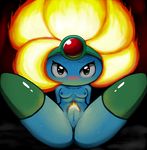  blue_skin blush breasts burning_leo female fire gem green_eyes kirby_(series) looking_at_viewer mrmochi nintendo nude presenting pussy solo spread_legs spreading sweat video_games 