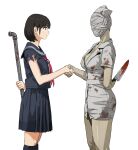  2girls ass bandages black_eyes black_hair blood blood_on_knife breasts bubble_head_nurse commentary english_commentary handshake highres holding holding_knife holding_lead_pipe knife large_breasts lead_pipe long_skirt multiple_girls nurse school_uniform shimizu_hinako shiren_(ourboy83) short_hair silent_hill_(series) silent_hill_2 silent_hill_f simple_background skirt small_breasts thighs white_background 