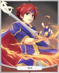  armor blue_armor blue_eyes cape fire_emblem fire_emblem:_fuuin_no_tsurugi headband looking_at_viewer male_focus open_mouth red_hair roy_(fire_emblem) smile solo sword weapon 