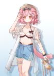  1girl absurdres animal_ears arknights artist_name bikini blue_shorts bracelet breasts brown_hat cat_ears cat_girl cat_tail chinese_commentary ckkkk_ei_hei cleavage closed_mouth commentary_request cowboy_shot eyewear_on_head flower food-themed_hair_ornament goldenglow_(arknights) goldenglow_(summer_flowers)_(arknights) hair_ornament hairclip hand_up hat highres holding holding_shoes holding_unworn_clothes infection_monitor_(arknights) jewelry looking_at_viewer navel official_alternate_costume pink_hair sandals shoes short_hair shorts solo sunglasses swimsuit tail tinted_eyewear unworn_shoes white_bikini white_flower yellow_eyes 