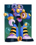  1boy arm_at_side arm_cannon armor border bubble burst_man commentary electric_fan english_commentary full_body gloves gradient_background green_background green_eyes helmet highres humanoid_robot industrial_pipe mega_man_(classic) mega_man_(series) mega_man_7 outside_border purple_armor purple_gloves purple_helmet robot robot_ears shoulder_armor simple_background solo standing straight-on toastiepumpkin two-tone_background weapon white_border 