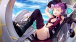  arm_up bad_id bad_pixiv_id bangs belt bikini black_bikini black_gloves blue_sky boots cloud cloudy_sky commentary_request cross-laced_footwear day eyebrows_visible_through_hair fate/grand_order fate_(series) gloves headphones helena_blavatsky_(fate/grand_order) helena_blavatsky_(swimsuit_archer)_(fate) highres knee_boots looking_at_viewer lying migimura_sakimori monowheel on_back one_eye_closed open_mouth outdoors pointing pointing_at_viewer ponytail purple_eyes purple_hair purple_legwear sky smile solo swimsuit thighhighs 