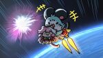  +++ 1girl :3 absurdres animal_ears blush chattino_(raora_panthera) chibi chibi_only commentary creature earth_(planet) english_commentary explosion facing_viewer full_body gooster highres hololive hololive_english jacket jetpack long_hair motion_lines multicolored_hair panther_ears panther_girl panther_tail pink_hair pink_jacket planet raora_panthera raora_panthera_(1st_costume) solo space streaked_hair tail thrusters virtual_youtuber 