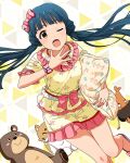  1girl :d ;d blue_eyes bow card_commentary commentary_request floral_print floral_print_shirt frilled_shirt frilled_shorts frills game_asset hair_bow happiness_roomwear_(idolmaster) holding holding_pillow idolmaster idolmaster_million_live! idolmaster_million_live!_theater_days kitakami_reika long_hair looking_at_viewer official_alternate_costume official_art one_eye_closed open_mouth pajamas pillow pink_bow pink_trim print_shirt print_shorts shirt shirt_bow short_sleeves shorts sitting smile solo stuffed_animal stuffed_toy teddy_bear third-party_source twintails_with_hair_base yellow_eyes yellow_shirt yellow_shorts 