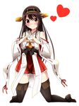  bare_shoulders black_hair black_legwear blush boots brown_hair detached_sleeves hairband haruna_(kantai_collection) headgear heart heart_hands heat highres kantai_collection khnchak kneehighs long_hair looking_at_viewer nontraditional_miko red_eyes red_skirt simple_background skirt smile solo thigh_boots thighhighs white_background 