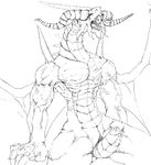  2015 abs absurd_res anthro bahamut biceps big_penis black_and_white claws dragon erection eyeless fangs final_fantasy final_fantasy_ix hi_res horn male membranous_wings monochrome muscular muscular_male nude open_mouth pecs penis reptile scales scalie simple_background sitting solo square_enix teeth tinyfaceart tongue tongue_out vein video_games western_dragon wings 