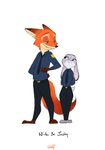  2016 absurd_res anthro barefoot canine clothed clothing disney duo eye_contact female fox fully_clothed green_eyes half-closed_eyes hand_behind_back hands_behind_back hi_res judy_hopps lagomorph looking_back male mammal nick_wilde police_uniform purple_eyes rabbit sanjiseo signature simple_background smile standing text uniform white_background zootopia 