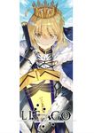  ahoge armor artoria_pendragon_(all) avalon_(fate/stay_night) blonde_hair blue_cape blue_sky braid cape closed_mouth cloud commentary_request cover cover_page crown day english eyebrows_visible_through_hair fate/grand_order fate_(series) fur_trim gauntlets green_eyes hair_between_eyes highres holding holding_sword holding_weapon looking_at_viewer saber sheath sheathed shirabi sky smile solo sword weapon 