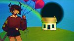  androgynous android balloon black_shorts brown_sweater cruormor fake_horns fake_tail film_grain grass heart_balloon highres horns house liminal_space looking_at_viewer one_eye_closed outdoors rainbow reckless_battery_burns_(synthesizer_v) redrawn shorts smile solo sweater tail tamari_(team6x111) team6x111 weirdcore 