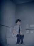  1boy absurdres aharen-san_wa_hakarenai black_eyes black_hair black_necktie black_pants closed_mouth clothes_pull commentary_request highres male_focus matsuboshi_raidou mizu_asato necktie pants pants_pull shirt shoes short_hair solo toilet toilet_paper toilet_use white_shirt white_shoes 