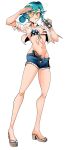 1girl absurdres american_flag american_flag_print arms_up aviator_sunglasses beer_bottle bikini blue_eyes bottle breasts cigarette denim denim_shorts flag_print gun hair_bun hand_up highres holding holding_bottle holstered naomi_bluebird navel nico_jiang open_clothes open_shirt orange-tinted_eyewear platform_sandals revolver sandals shirt short_shorts short_sleeves shorts smoke smoke_trail smoking solo stomach sunglasses swimsuit tinted_eyewear we_love_cold_war weapon white_background white_shirt 