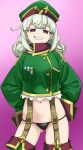  1girl araga_kiwi belt black_panties brown_belt commentary double_bun empty_eyes english_commentary green_jacket grin groin hair_bun happish_clown high_collar highres jacket leoparde_(mahou_shoujo_ni_akogarete) magical_girl mahou_shoujo_ni_akogarete military_jacket mole mole_under_eye navel open_mouth panties sleeves_past_fingers sleeves_past_wrists smile teeth underwear 