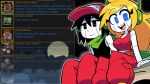  1boy 1girl :d achievement_unlocked belt black_eyes black_hair blonde_hair blue_eyes breasts cargo_pants cave_story cleavage clothed_robot colored_skin crop_top curly_brace eyelashes green_belt green_scarf highres long_hair midriff pants pocket quote_(cave_story) red_tank_top robot robot_boy robot_ears robot_girl scarf scott_falco short_hair smile tank_top white_skin youtube_video_thumbnail 