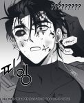  1boy ? black_eyes black_hair black_jacket black_sclera black_shirt blood blood_on_face cheat_(guardians_of_the_videogame) collarbone colored_sclera confused earpiece eyebrow_cut guardians_of_the_videogame heterochromia jacket korean_text male_focus monochrome mullet non-web_source pale_skin shirt short_hair simple_background solo speech_bubble spiked_hair surprised sweatdrop tight_clothes translation_request ttalgi_bab turtleneck turtleneck_shirt upper_body yellow_eyes 