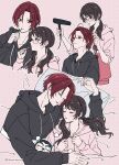  1boy 1girl black_hair black_hoodie brushing_teeth closed_eyes commentary_request glasses hair_dryer hetero highres holding holding_toothbrush hood hoodie ikuya_kawaii kamishiro_nagisa long_hair long_sleeves looking_at_another low_twintails lufel_(owl)_(p5x) lufel_(p5x) noge_tomoko pajamas persona persona_5 persona_5:_the_phantom_x pillow pink_background pink_hoodie pink_pajamas purple_eyes red_eyes red_hair short_hair simple_background sleeping toothbrush twintails 