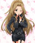  1girl ;) belt black_belt black_gloves black_jacket brown_hair card_commentary commentary_request cowboy_shot cropped_jacket curtained_hair finger_to_own_chin game_asset garter_straps gloves green_eyes hand_on_own_hip high_ponytail idolmaster idolmaster_million_live! idolmaster_million_live!_theater_days jacket jewelry leather leather_jacket long_hair long_sleeves looking_at_viewer necklace nikaido_chizuru official_alternate_costume official_art one_eye_closed ponytail sexy_spy_(idolmaster) smile solo standing third-party_source unitard very_long_hair 