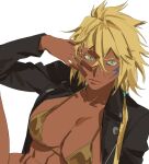  1girl abs bleach blonde_hair breasts commentary dark-skinned_female dark_skin facial_mark green_eyes hair_between_eyes jacket large_breasts long_hair looking_at_viewer solo swimsuit taiyang_yu tattoo tier_harribel white_background 