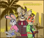  2017 anthro barefoot border brown_eyes canine cheek_tuft claws clothing dipstick_ears disney elbow_tufts female fox fur gloves_(marking) green_eyes group hawaiian_shirt hyena hyenatig_(artist) inner_ear_fluff judy_hopps lagomorph looking_back male mammal markings multicolored_fur name_tag necktie nick_wilde outside pants piercing purple_eyes rabbit ribbons road_sign shirt size_difference smile text toe_claws tuft two_tone_fur zootopia 