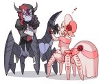  2boys arachne_boy awii black_hair blonde_hair blue_eyes blue_skin bonnet bow chinese_commentary colored_skin commentary_request crossdressing crossdressing_(mtf) deformed dress full_body hat horns jacket long_hair looking_at_another male_focus monster_boy multicolored_hair multiple_boys multiple_horns multiple_legs off-shoulder_dress off_shoulder original pink_bonnet pink_dress pink_thighhighs pointy_ears red_eyes red_hair simple_background split-color_hair standing tail tail_bow tail_ornament taur thighhighs vest white_background 