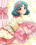  1girl bow card_commentary commentary_request curly_hair floral_print floral_print_shirt frilled_shirt frilled_shorts frills from_side game_asset green_hair hair_bow happiness_roomwear_(idolmaster) idolmaster idolmaster_million_live! idolmaster_million_live!_theater_days kneeling looking_at_viewer looking_to_the_side medium_hair official_alternate_costume official_art orange_eyes pajamas pillow pink_bow pink_trim print_shirt print_shorts shirt shirt_bow short_sleeves shorts solo third-party_source tokugawa_matsuri turning_head yellow_shirt yellow_shorts 