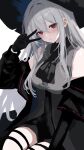  1girl absurdres arknights arm_cuffs ascot bare_shoulders black_ascot black_chaps black_gloves black_pants black_shirt breasts chaps clothing_cutout cowboy_shot detached_sleeves gloves grey_hair hair_between_eyes hat highres long_hair looking_at_viewer pants red_eyes shirt simple_background skadi_(arknights) skadi_(elite_ii)_(arknights) solo thigh_cutout very_long_hair white_background zvuqz 