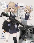  1girl 2others absurdres ambiguous_gender ammunition armband blonde_hair blue_bow blue_dress blush bow brown_eyes bullet_hole closed_eyes commentary_request derya_mk-12 dress firing green_armband grey_necktie gun gun_sling hair_bow hand_on_own_hip handgun happy highres holding holding_gun holding_paper holding_weapon knee_pads long_sleeves looking_at_viewer medium_hair multiple_others multiple_views muzzle_flash necktie open_mouth original paper pouch running school_uniform shell_casing shirt shotgun shotgun_shell single_knee_pad smile soruto_0w98e sparkle speech_bubble standing teeth test_score translation_request twitter_username weapon white_shirt 
