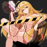  1girl ahoge barefoot blonde_hair breasts caution_tape closed_mouth collarbone commentary crossed_legs dot_nose drum eaglov feet head_tilt highres instrument large_breasts long_hair matara_okina navel nude pixel_art sign sitting smile soles solo tassel thighs toes touhou tsuzumi untranslatable_commentary very_long_hair warning_sign yellow_eyes 