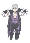  1boy absurdres aqua_gem black_gloves black_vest butler commentary_request cropped_legs dressing fire_emblem fire_emblem_fates gem gloves grey_hair hair_between_eyes hands_up highres jakob_(fire_emblem) kita_senju long_sleeves male_focus nohrian_butler_uniform puffy_long_sleeves puffy_sleeves simple_background solo vest white_background 