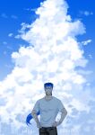  1boy black_pants blue_hair closed_eyes cloud commentary_request cu_chulainn_(casual_wear)_(fate) cu_chulainn_(fate) cu_chulainn_(lancer)_(fate) cumulonimbus_cloud dated facing_viewer fate_(series) grin hands_on_own_hips happy_birthday highres hourinoki long_hair male_focus outdoors pants ponytail smile solo wide_shot 