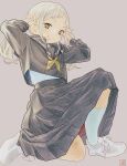  1girl black_sailor_collar black_serafuku black_shirt black_skirt bunching_hair commentary_request forehead grey_background highres kneehighs kneeling long_sleeves looking_at_viewer medium_skirt neckerchief nyaan_(eilanyaan) original red_neckerchief sailor_collar school_uniform serafuku shirt shirt_tucked_in shoelaces shoes simple_background skirt smile socks solo tessaku_ro traditional_media undershirt white_hair white_shoes yellow_eyes 