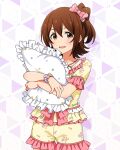  1girl bow brown_eyes brown_hair card_commentary commentary_request cowboy_shot floral_print floral_print_shirt frilled_shirt frilled_shorts frills game_asset hair_bow happiness_roomwear_(idolmaster) holding holding_pillow idolmaster idolmaster_million_live! idolmaster_million_live!_theater_days kasuga_mirai looking_at_viewer official_alternate_costume official_art one_side_up pajamas pillow pink_bow pink_trim print_shirt print_shorts shirt shirt_bow short_hair short_sleeves shorts smile solo standing third-party_source yellow_shirt yellow_shorts 