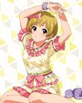  1girl arms_up blonde_hair bow brown_eyes card_commentary commentary_request floral_print floral_print_shirt frilled_shirt frilled_shorts frills fukuda_noriko game_asset hair_bow happiness_roomwear_(idolmaster) idolmaster idolmaster_million_live! idolmaster_million_live!_theater_days looking_at_viewer official_alternate_costume official_art pajamas pink_bow pink_trim print_shirt print_shorts shirt shirt_bow shoes short_hair short_sleeves shorts sitting solo third-party_source unworn_shoes yellow_shirt yellow_shorts 