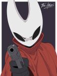  1girl aiming aiming_at_viewer arthropod_girl artist_name black_skin border cloak colored_skin commentary dutch_angle english_commentary gun handgun highres holding holding_gun holding_weapon hollow_eyes hollow_knight hollow_knight:_silksong horned_mask hornet_(hollow_knight) looking_at_viewer mask outside_border red_cloak simple_background solo the_hikari upper_body weapon white_border white_mask 