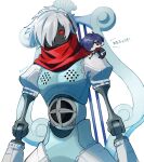 2boys absurdres black_jacket blue_hair demon_(megami_tensei) evoker gekkoukan_high_school_uniform glint grey_hair gun hair_over_one_eye handgun highres holding holding_gun holding_weapon jacket looking_at_viewer male_focus mini_person miniboy multiple_boys on_shoulder one_eye_covered orpheus_(persona) persona persona_(summon) persona_3 po_su_su red_eyes red_scarf scarf school_uniform short_hair simple_background twitter_username weapon white_background yuuki_makoto_(persona_3) 